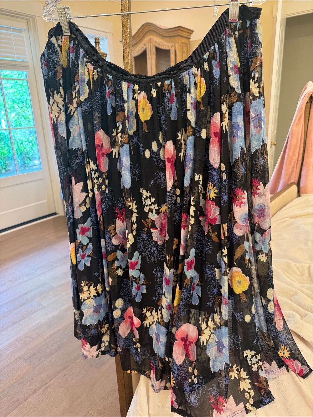 Ava & Viv Black Floral Pleated Skirt with Multi-Color Blooms